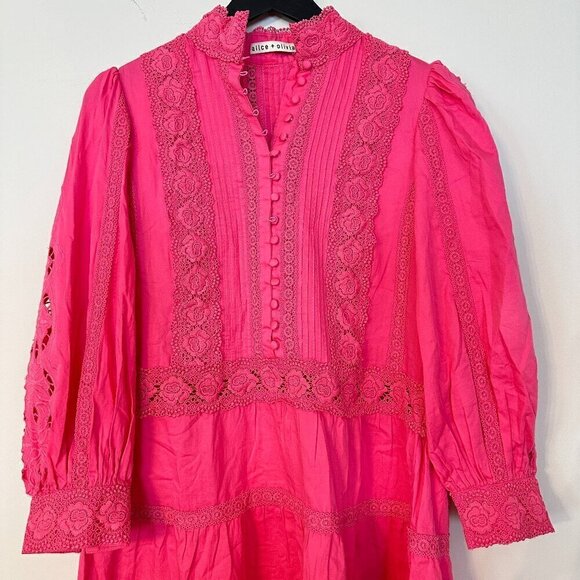 ALICE + OLIVIA Clark Collared Tiered Dress in French Rose Size US 2 - Picture 5 of 13